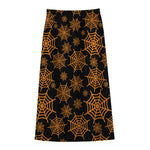 Black And Orange Spider Web Print Cotton Front Slit Maxi Skirt