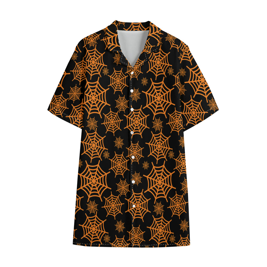 Black And Orange Spider Web Print Cotton Hawaiian Shirt