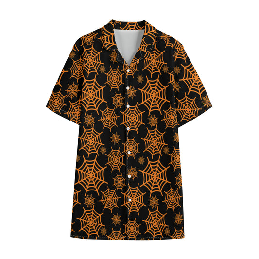 Black And Orange Spider Web Print Cotton Hawaiian Shirt