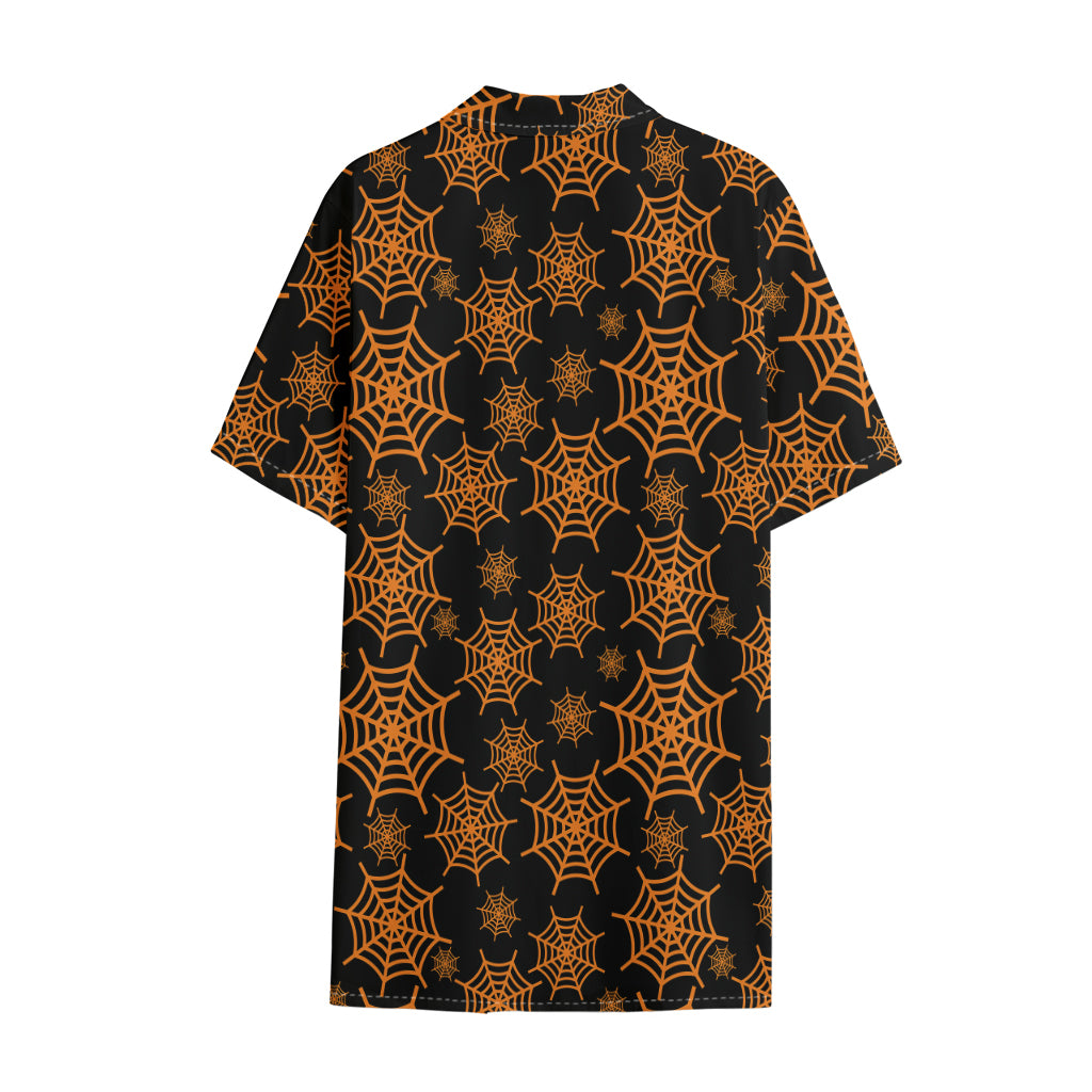 Black And Orange Spider Web Print Cotton Hawaiian Shirt