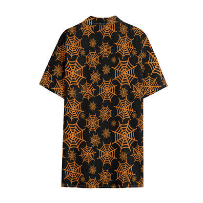 Black And Orange Spider Web Print Cotton Hawaiian Shirt