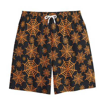 Black And Orange Spider Web Print Cotton Shorts