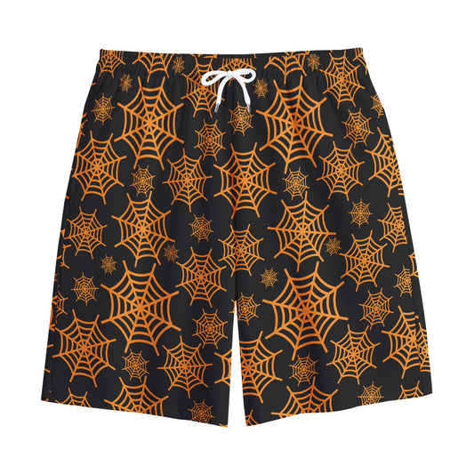 Black And Orange Spider Web Print Cotton Shorts