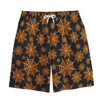 Black And Orange Spider Web Print Cotton Shorts