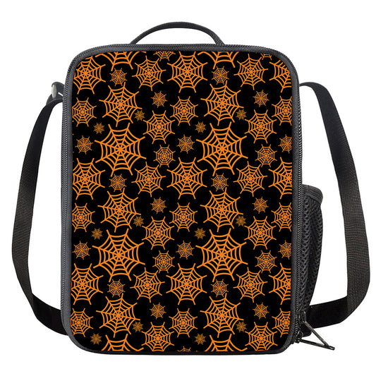 Black And Orange Spider Web Print Crossbody Lunch Bag