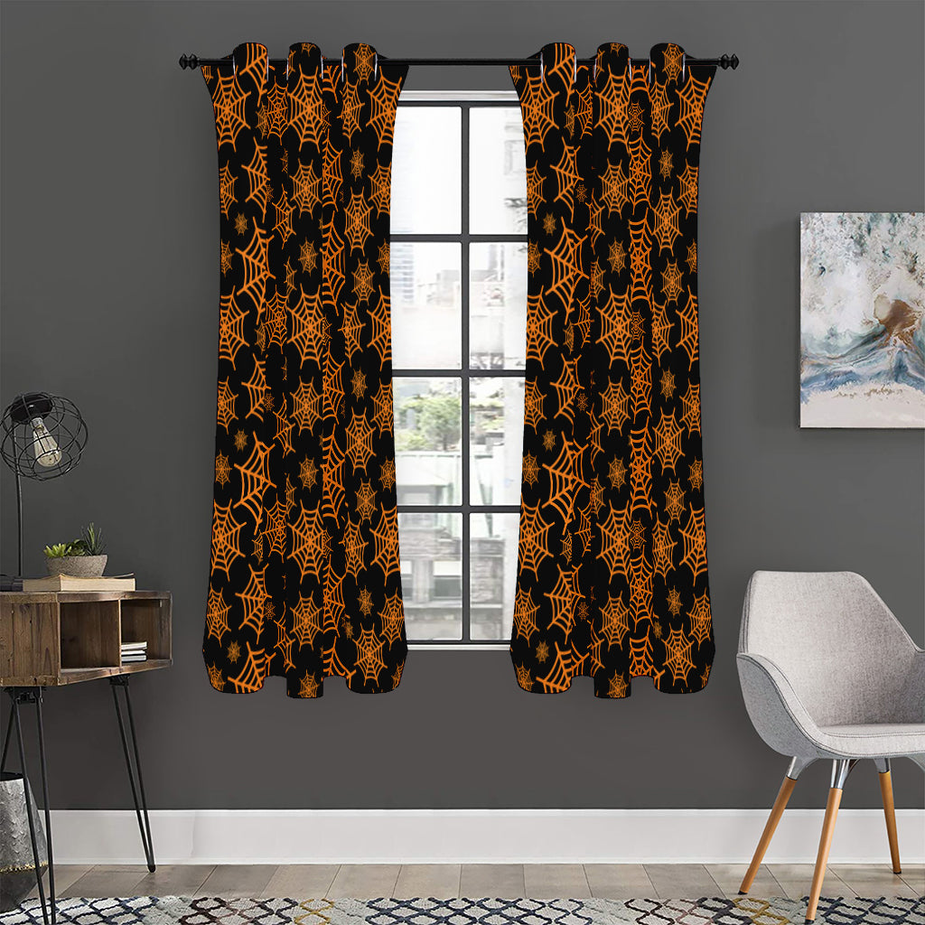 Black And Orange Spider Web Print Curtain