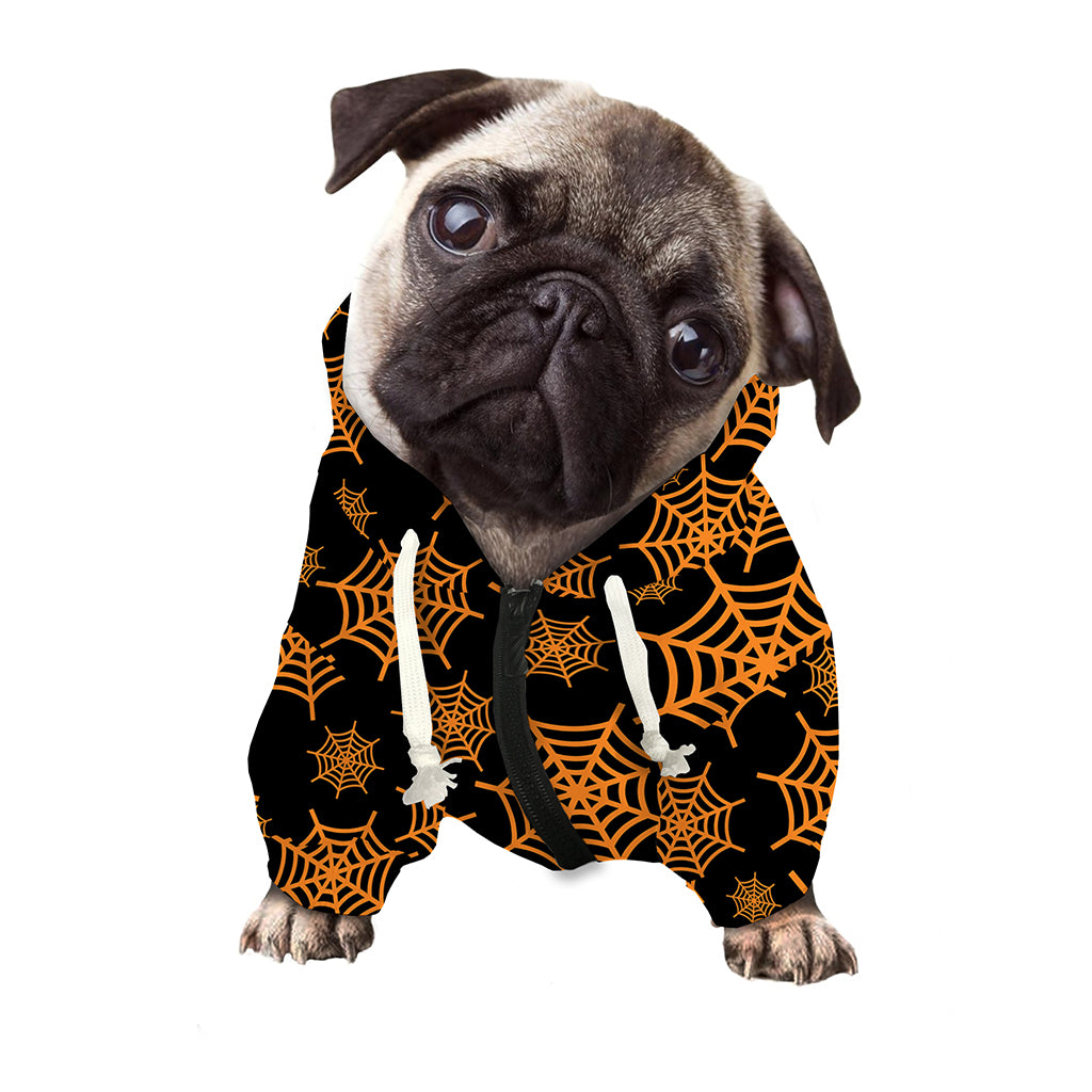 Black And Orange Spider Web Print Dog Zip Up Hoodie
