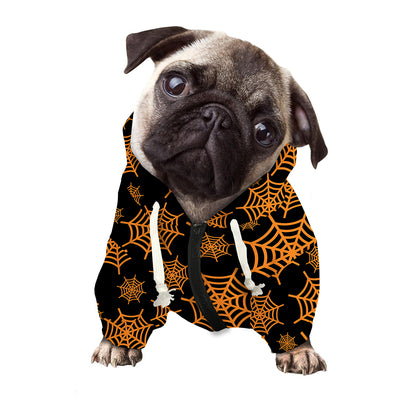 Black And Orange Spider Web Print Dog Zip Up Hoodie