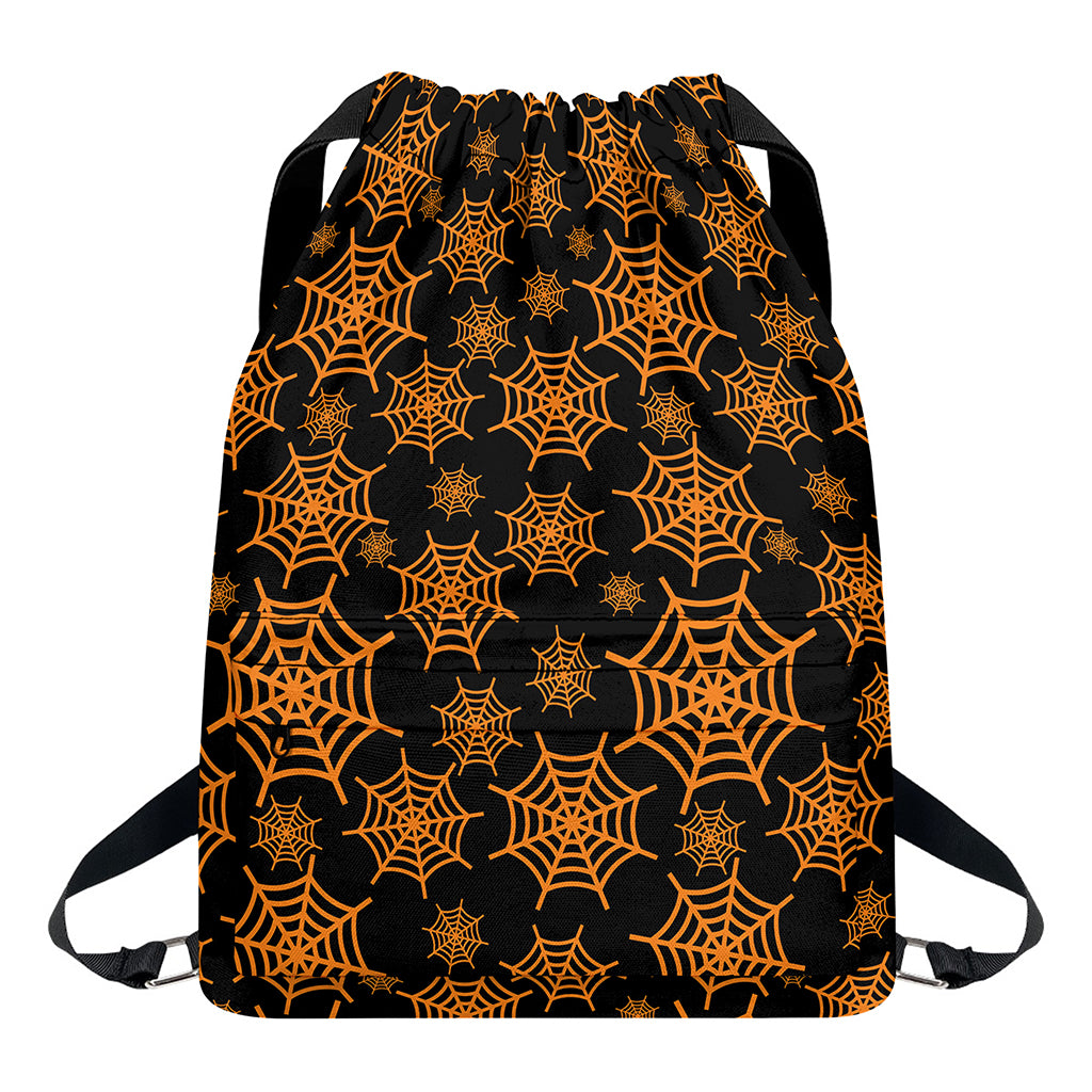Black And Orange Spider Web Print Drawstring Backpack