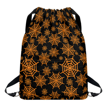 Black And Orange Spider Web Print Drawstring Backpack