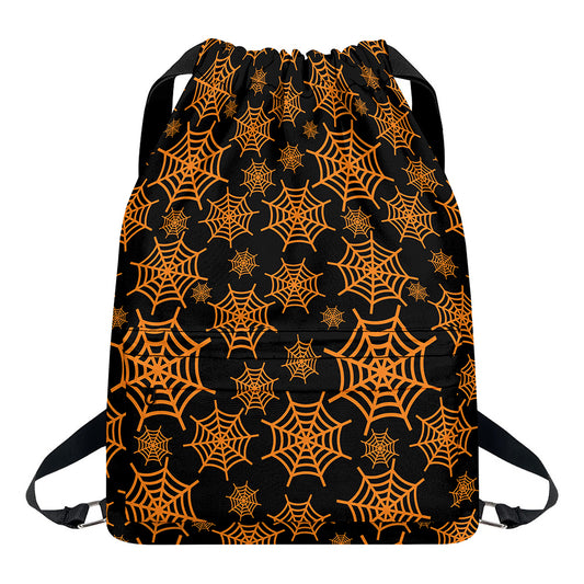 Black And Orange Spider Web Print Drawstring Backpack