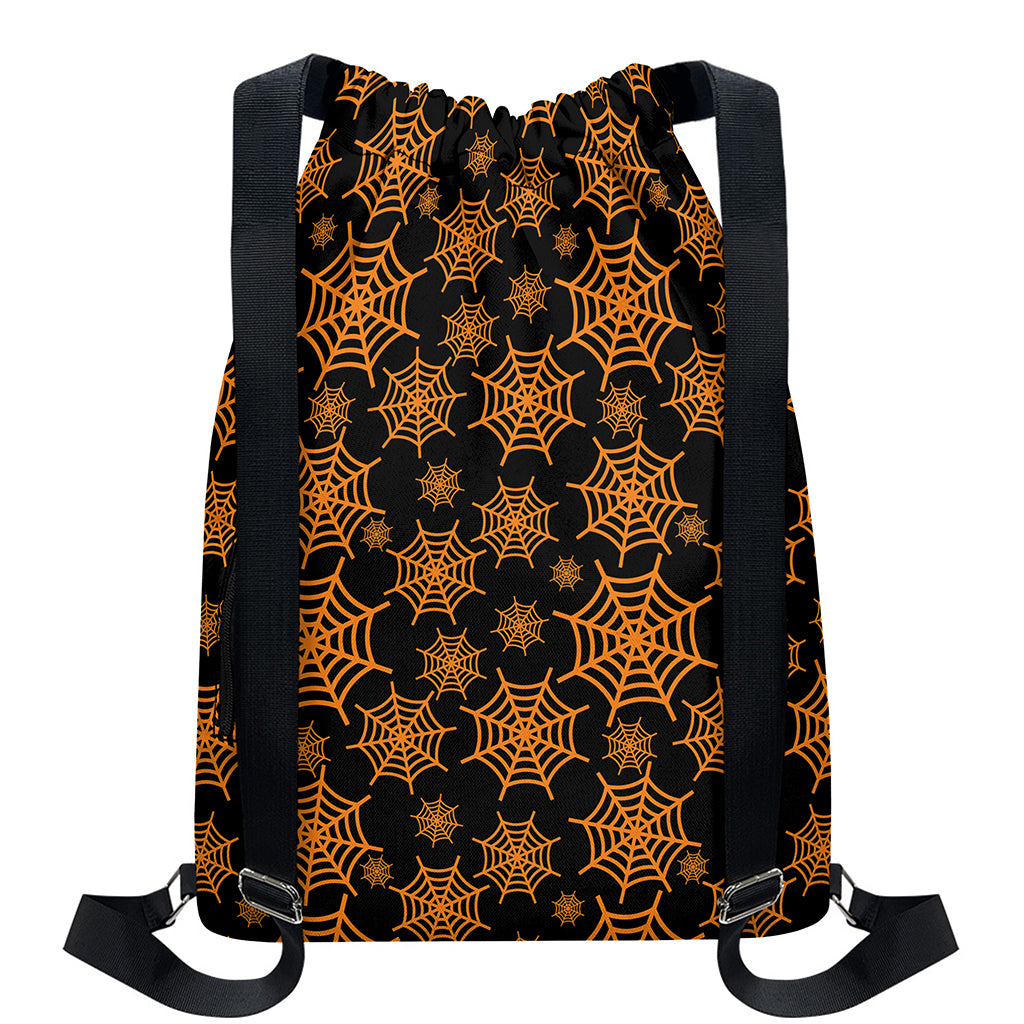 Black And Orange Spider Web Print Drawstring Backpack