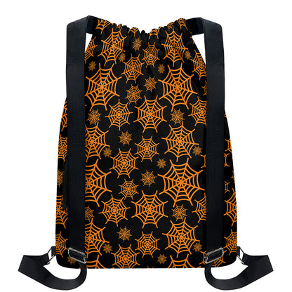 Black And Orange Spider Web Print Drawstring Backpack