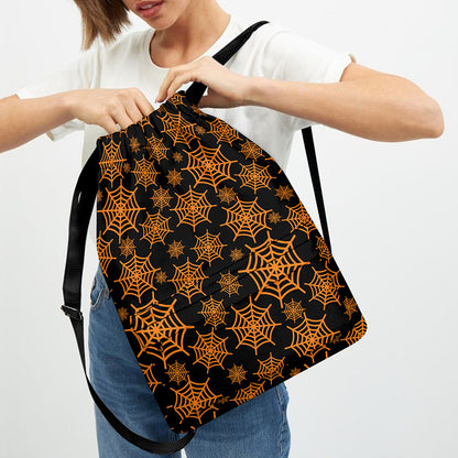 Black And Orange Spider Web Print Drawstring Backpack