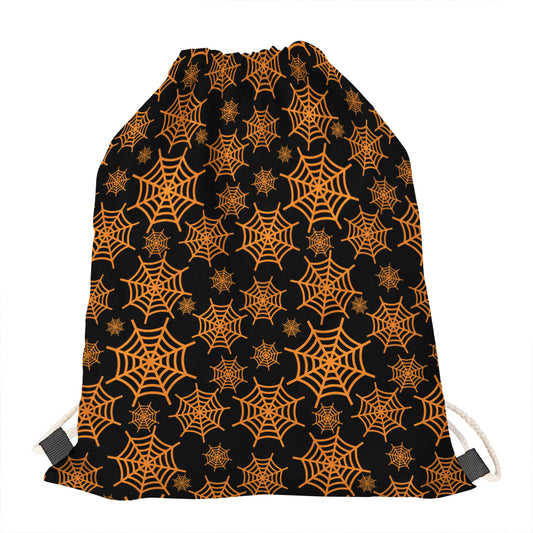 Black And Orange Spider Web Print Drawstring Bag