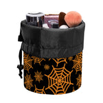 Black And Orange Spider Web Print Drawstring Makeup Bag