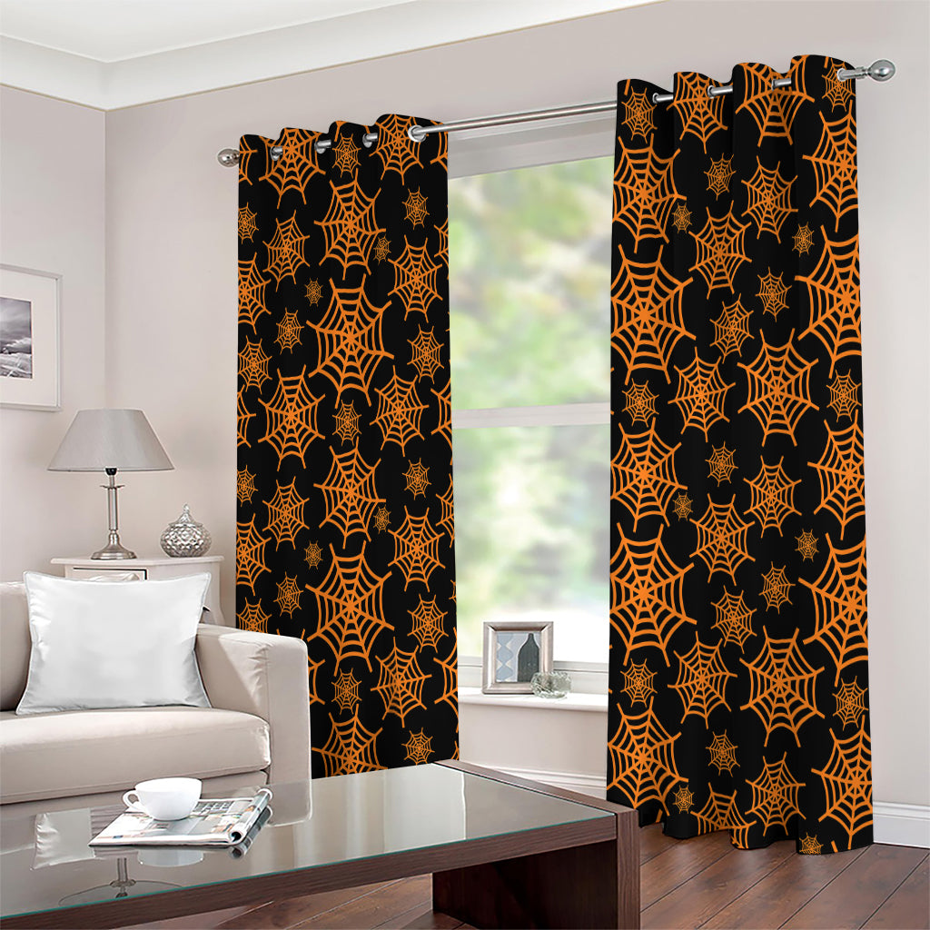 Black And Orange Spider Web Print Extra Wide Grommet Curtains