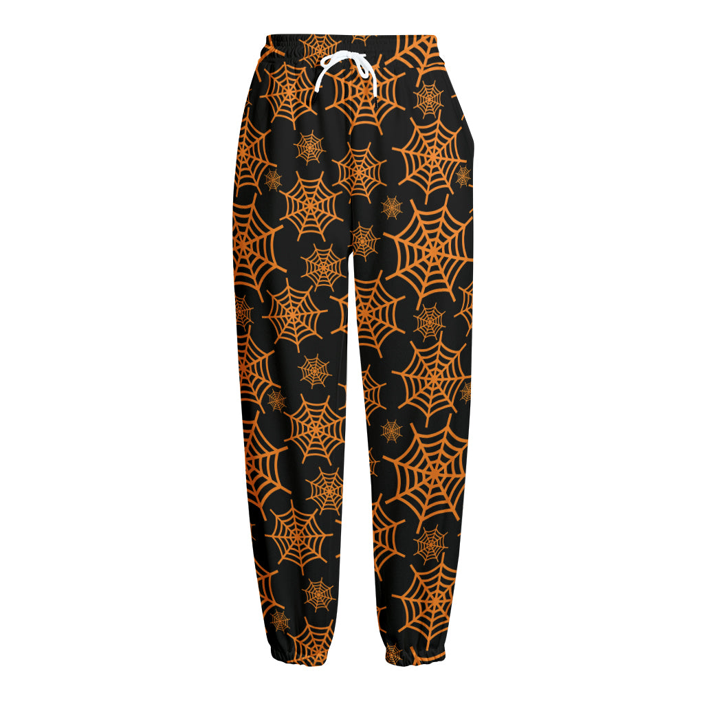 Black And Orange Spider Web Print Fleece Lined Knit Pants