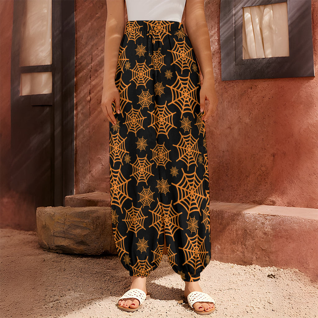 Black And Orange Spider Web Print Harem Pants