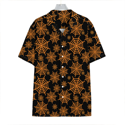 Black And Orange Spider Web Print Hawaiian Shirt
