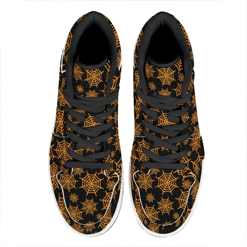 Black And Orange Spider Web Print High Top Leather Sneakers