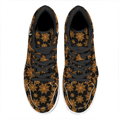 Black And Orange Spider Web Print High Top Leather Sneakers
