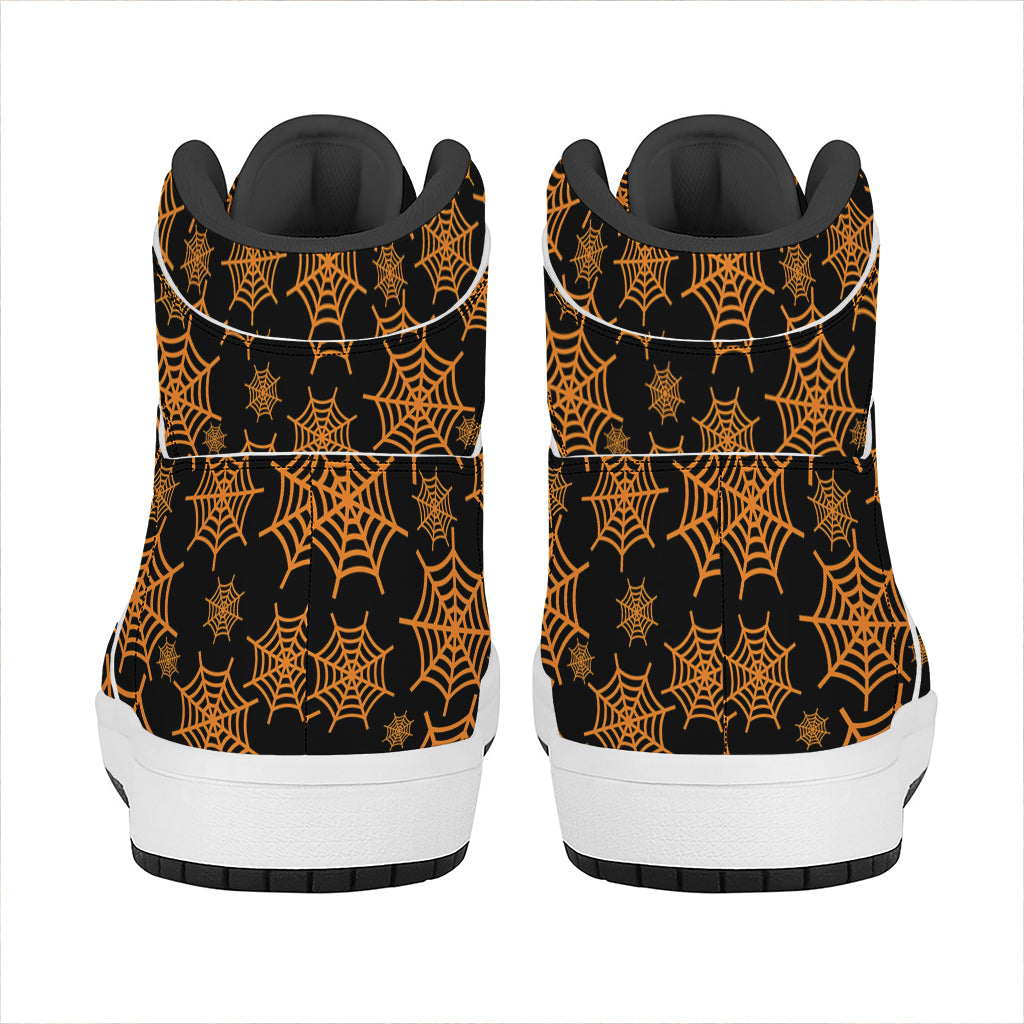 Black And Orange Spider Web Print High Top Leather Sneakers