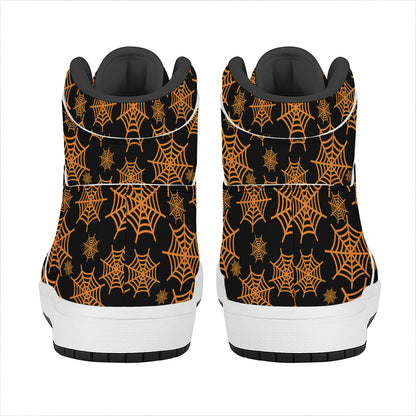 Black And Orange Spider Web Print High Top Leather Sneakers