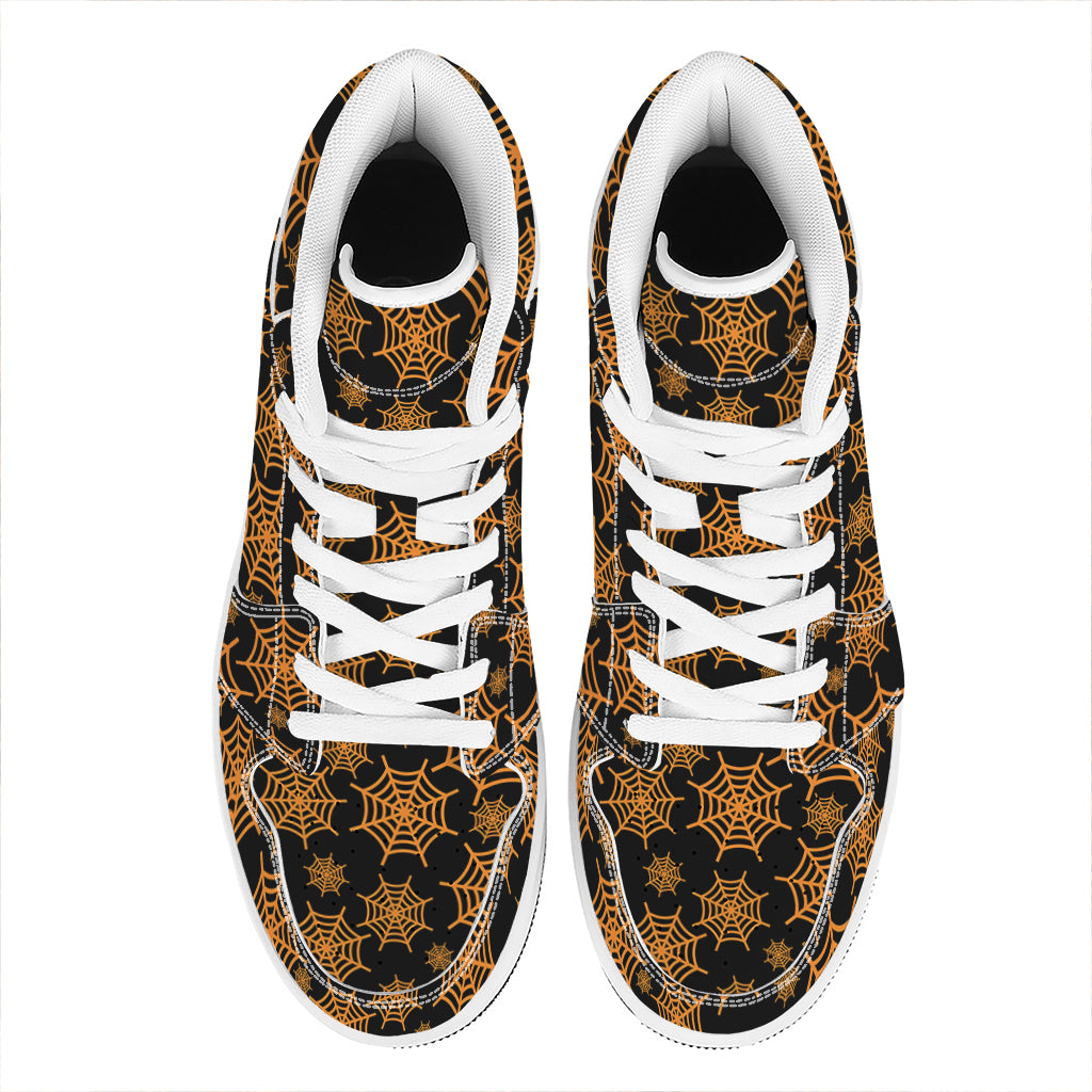 Black And Orange Spider Web Print High Top Leather Sneakers