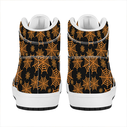 Black And Orange Spider Web Print High Top Leather Sneakers