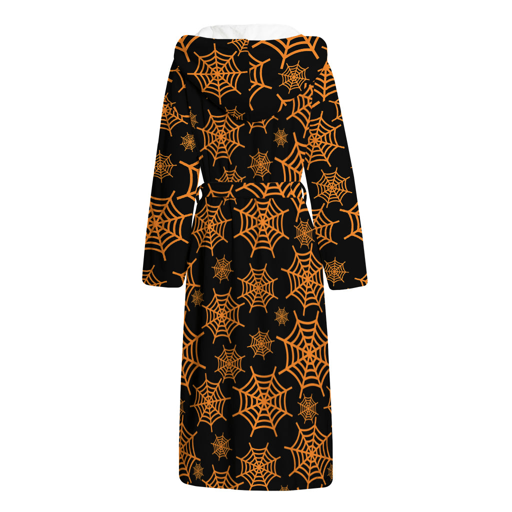Black And Orange Spider Web Print Hooded Bathrobe