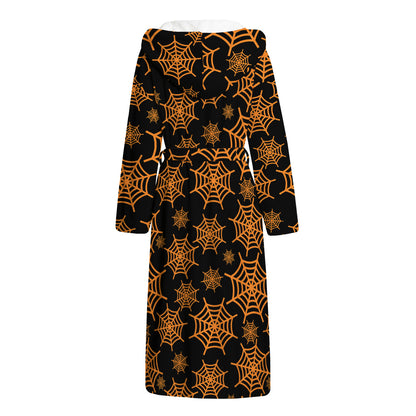 Black And Orange Spider Web Print Hooded Bathrobe