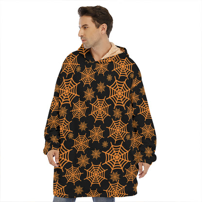 Black And Orange Spider Web Print Hoodie Blanket