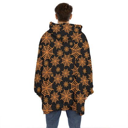 Black And Orange Spider Web Print Hoodie Blanket
