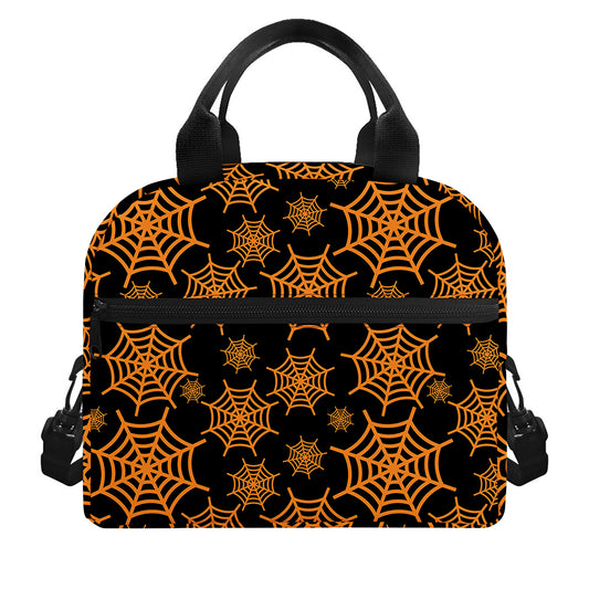 Black And Orange Spider Web Print Insulated Lunch Bag