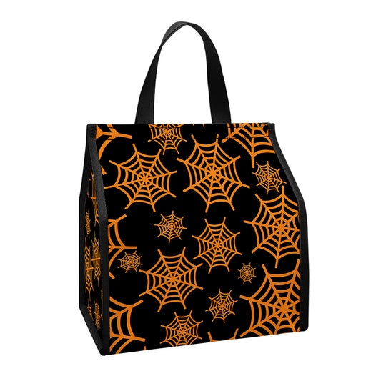 Black And Orange Spider Web Print Insulated Lunch Tote
