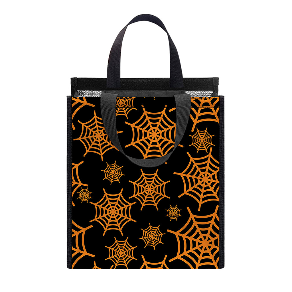 Black And Orange Spider Web Print Insulated Lunch Tote