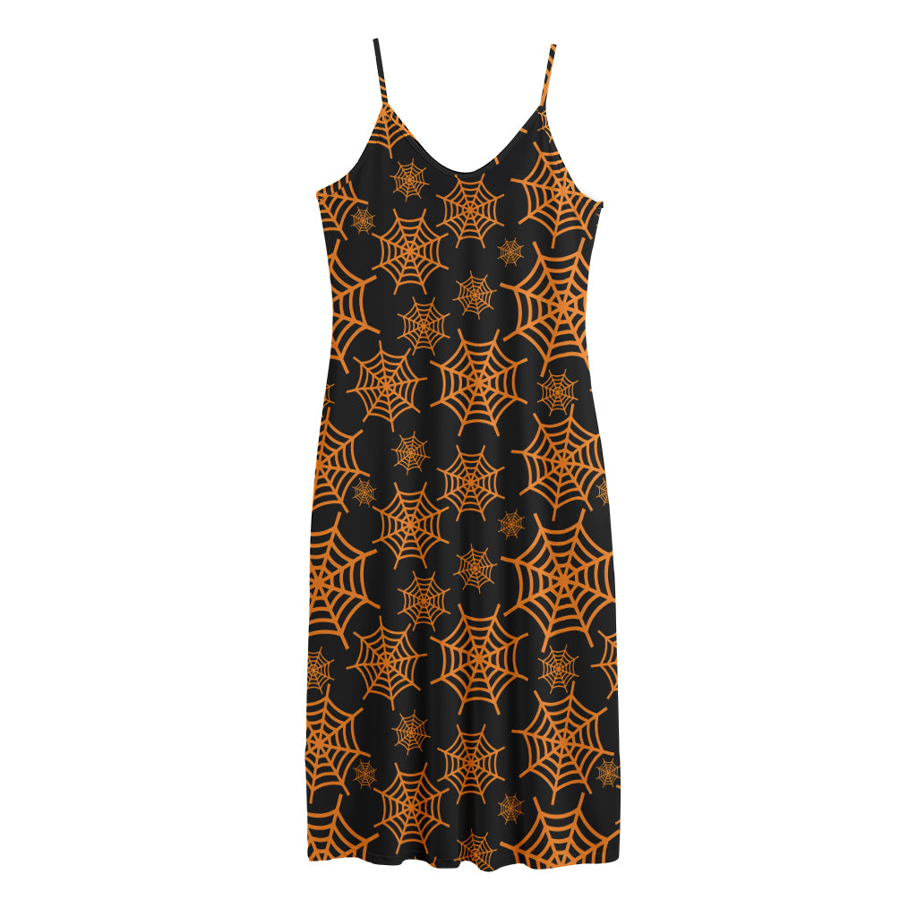 Black And Orange Spider Web Print Jersey Midi Cami Dress