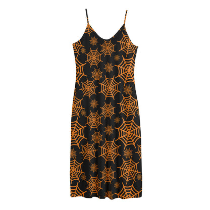 Black And Orange Spider Web Print Jersey Midi Cami Dress