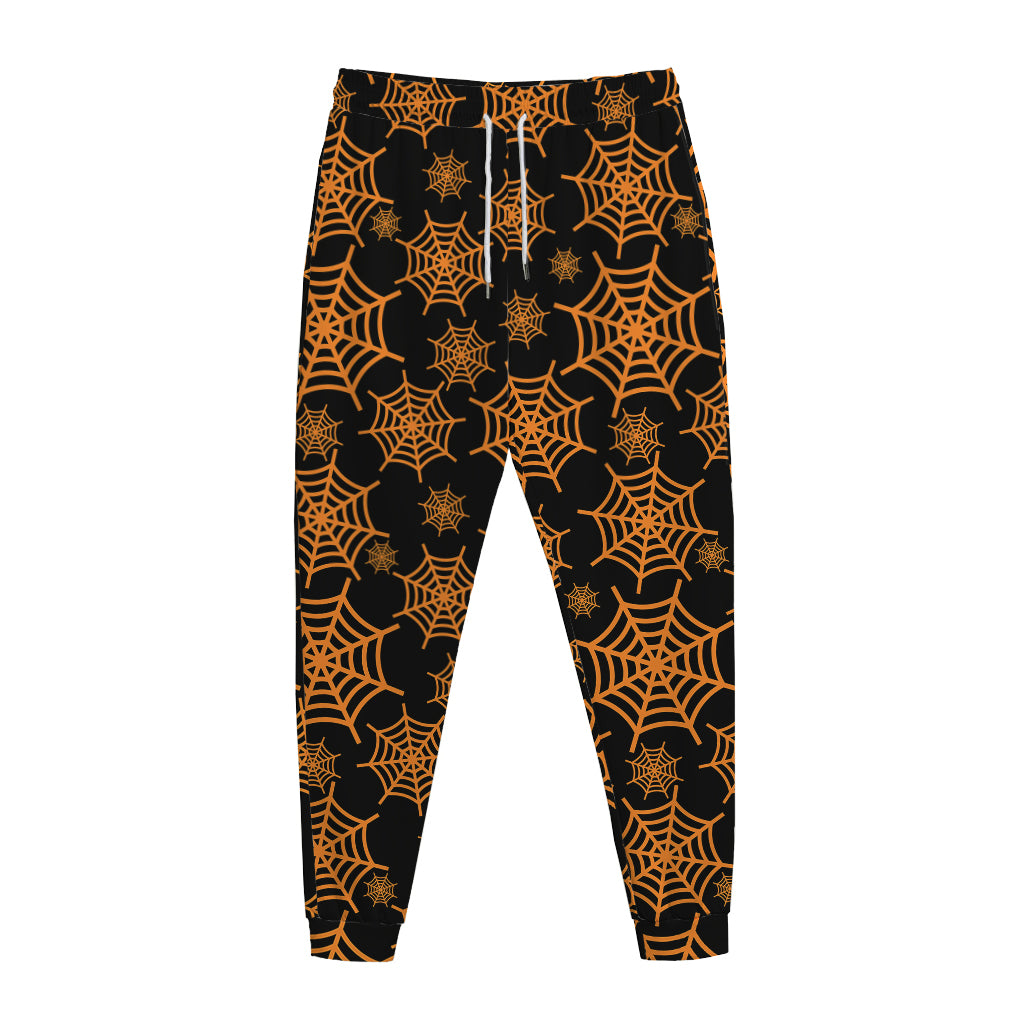 Black And Orange Spider Web Print Jogger Pants