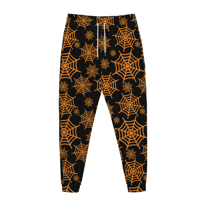 Black And Orange Spider Web Print Jogger Pants