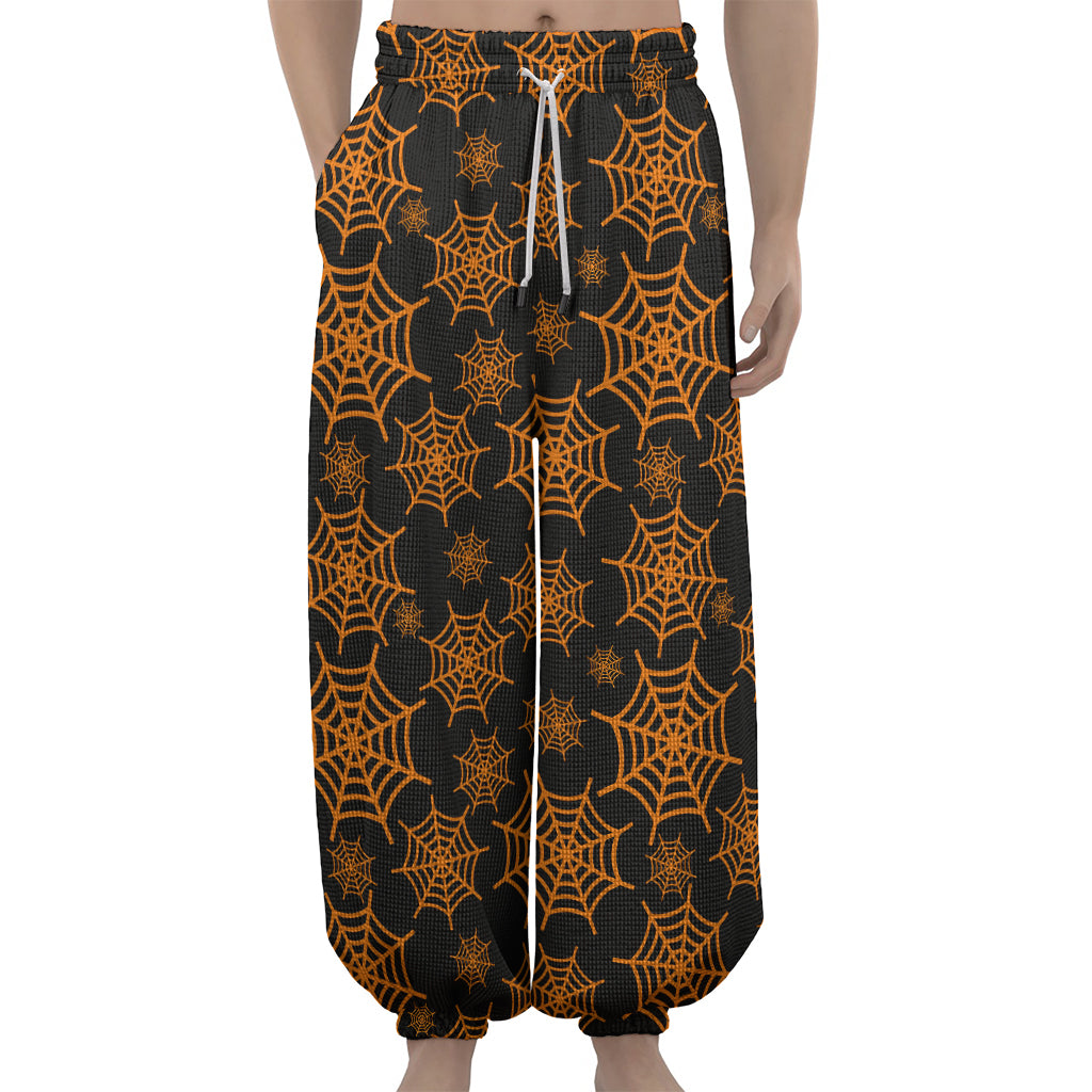 Black And Orange Spider Web Print Lantern Pants