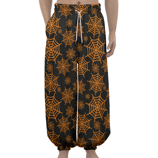 Black And Orange Spider Web Print Lantern Pants
