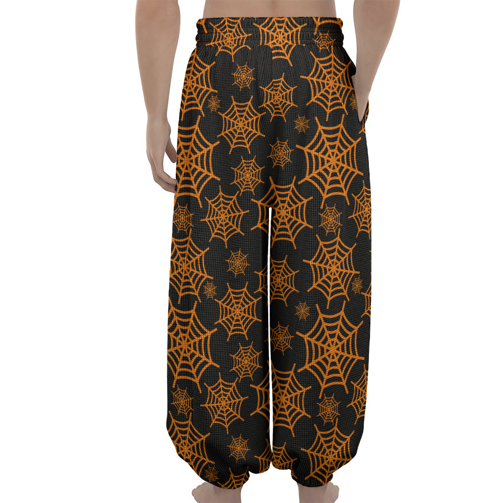 Black And Orange Spider Web Print Lantern Pants
