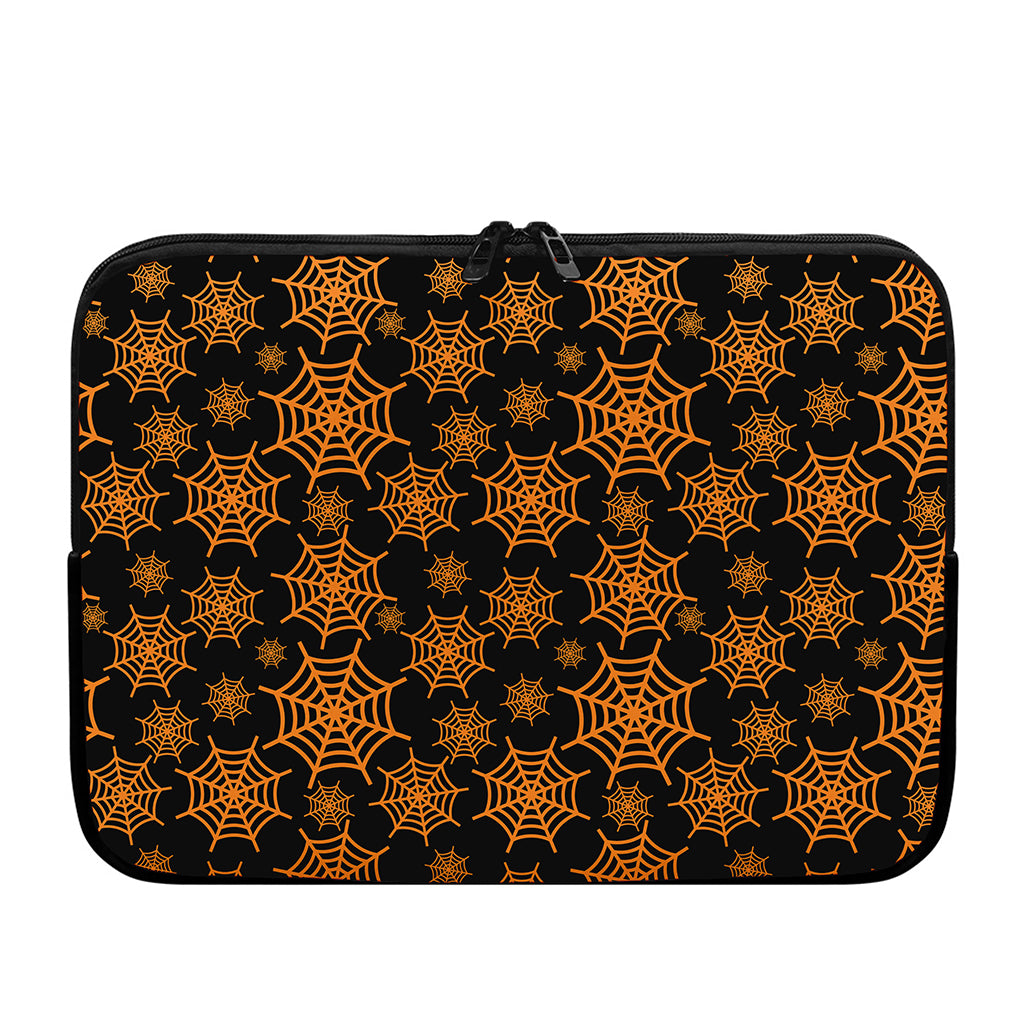 Black And Orange Spider Web Print Laptop Sleeve