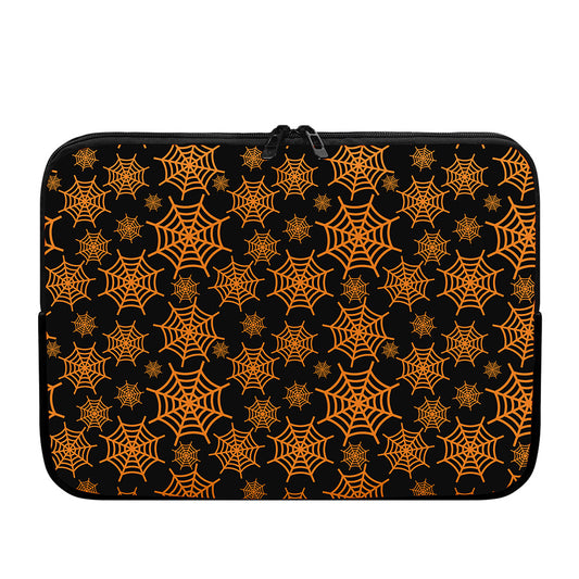 Black And Orange Spider Web Print Laptop Sleeve