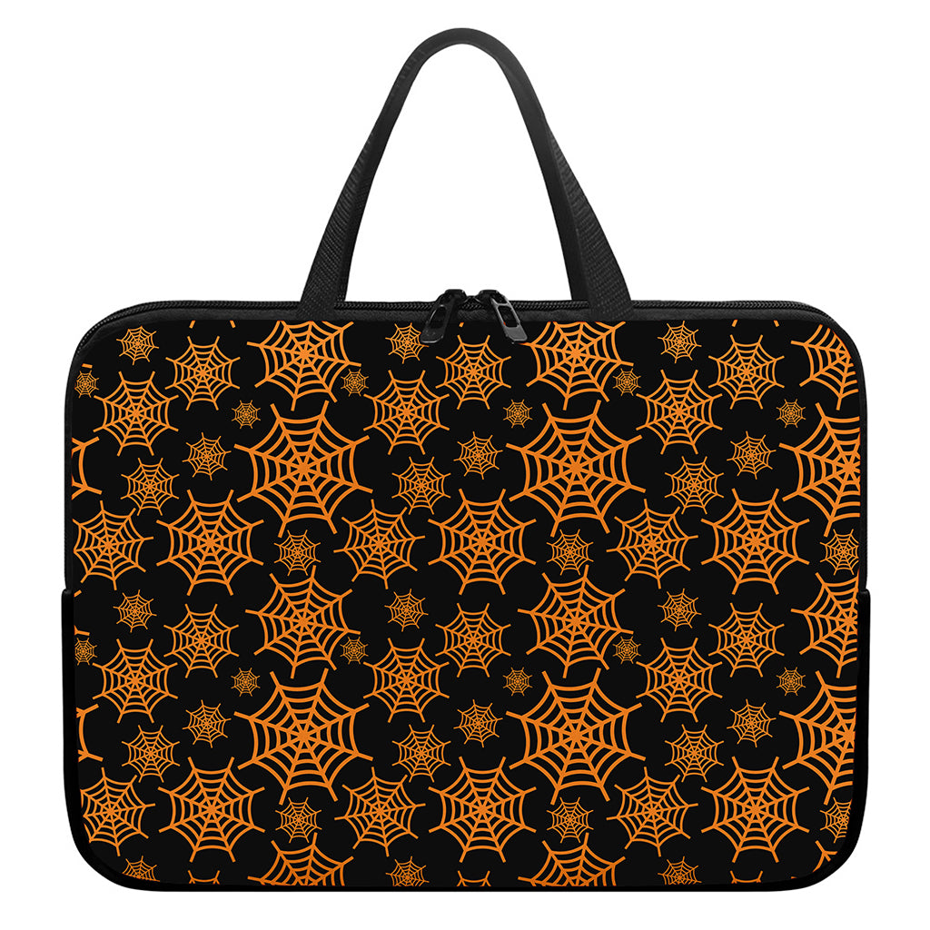 Black And Orange Spider Web Print Laptop Sleeve With Handle