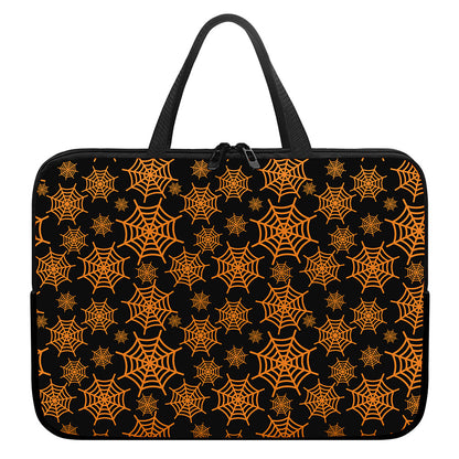 Black And Orange Spider Web Print Laptop Sleeve With Handle