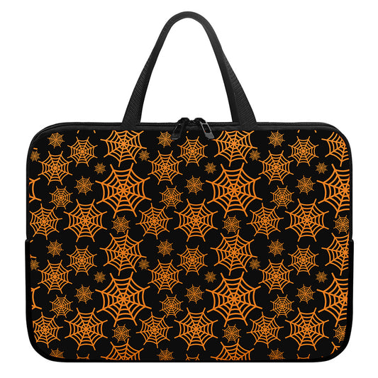 Black And Orange Spider Web Print Laptop Sleeve With Handle