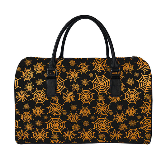Black And Orange Spider Web Print Leather Duffle Bag